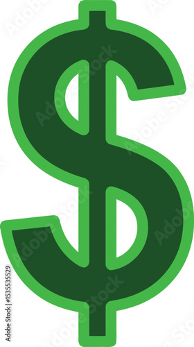 Green Dollar Sign: A bold, green dollar sign stands out, symbolizing wealth, finance, and prosperity in a vector graphic representation.