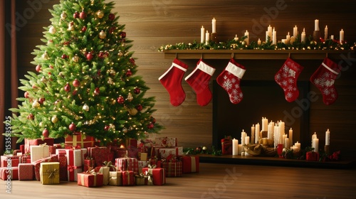 Beautifully decorated Christmas tree with colorful ornaments and wrapped gifts in cozy home setting
