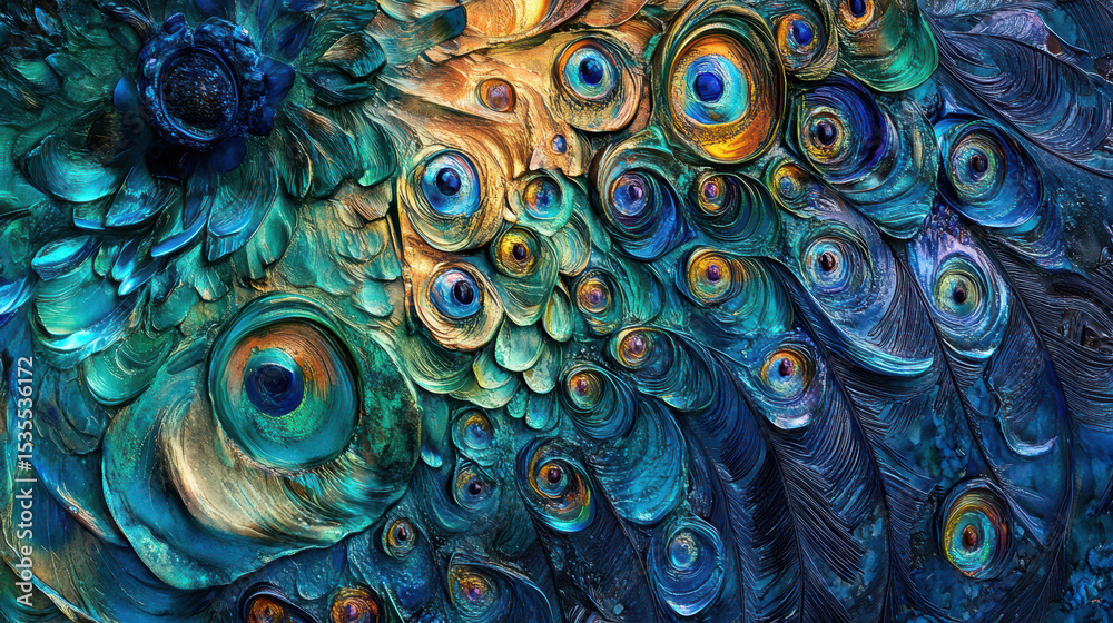 Obraz premium Close-up of colorful peacock feathers showing intricate eye patterns and vibrant blue green hues with detailed texture and fine feather barbs in natural lighting