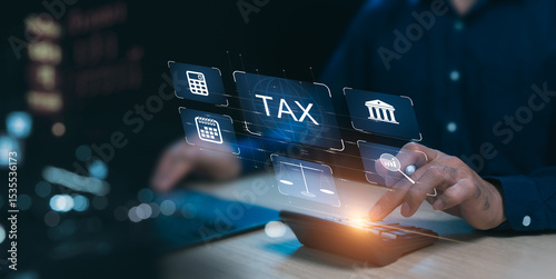 Online tax planning concept, Finance that must be deducted to the government, Man using a laptop to enter calculation data to report income to the Revenue Department, to pay taxes as required by law