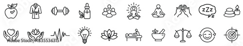 Holistic Wellness and Mind-Body Balance Line Icons Set - Health, Meditation, and Natural Therapies