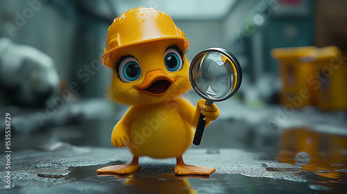 The duck builder in a helmet and with a magnifying glass