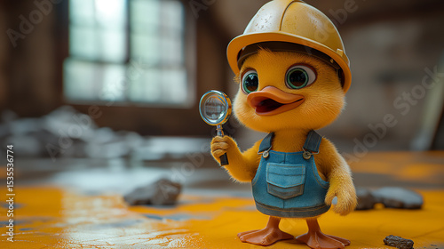 The duck builder in a helmet and with a magnifying glass