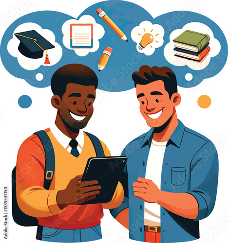 Digital Learning Duo: Two male students collaborate over a tablet, innovative learning and shared thoughts floating above their heads. It is a visual metaphor for the modern academic experience.