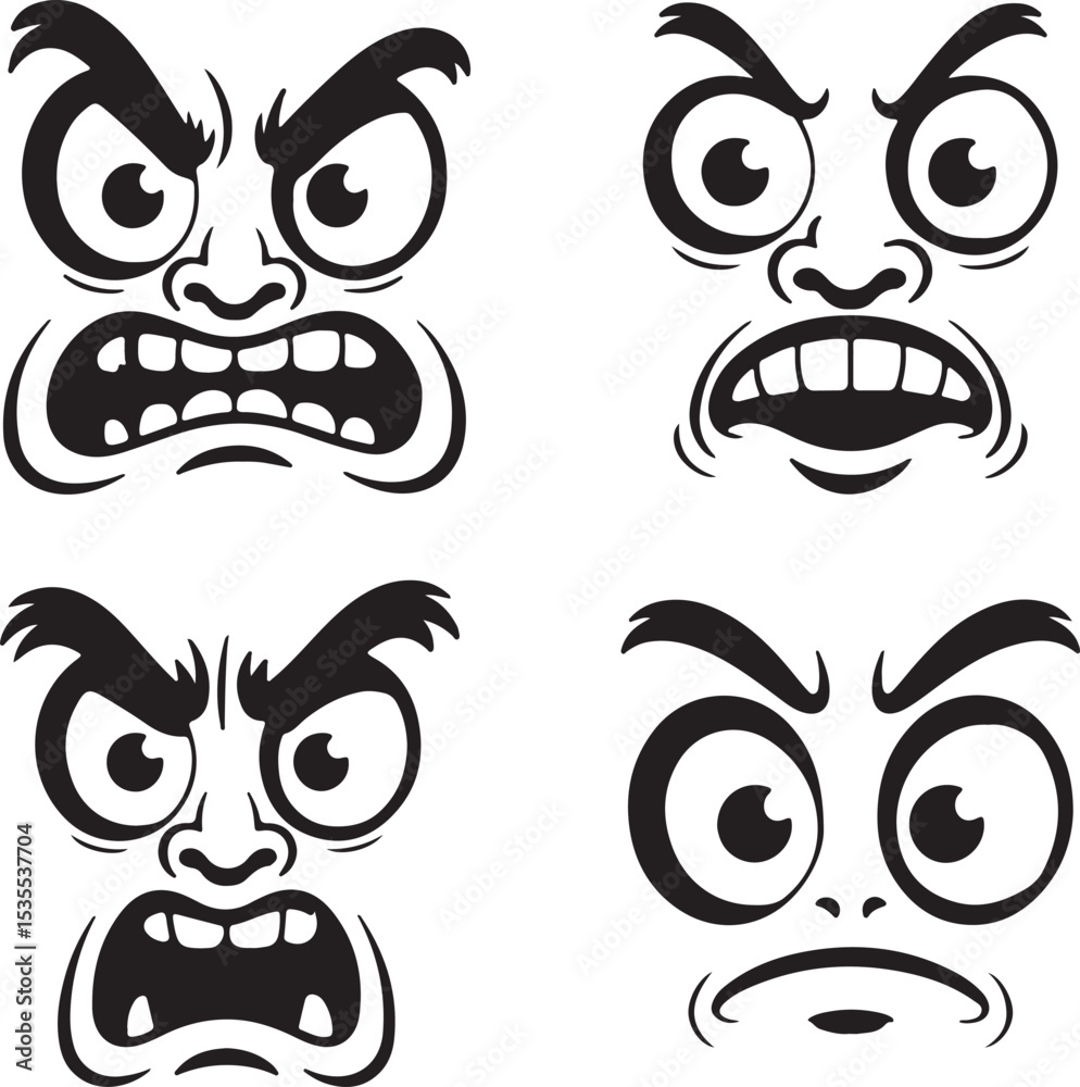 Fototapeta premium Four Black and White Cartoon Faces Showing Angry and Frustrated Expressions Silhouette Style Illustrations