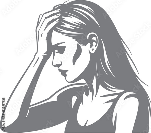 Gray Scale Silhouette of a Woman with Long Hair Touching Her Head in Thoughtful Pose