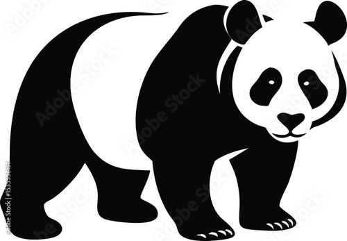 A bold black and white silhouette illustration of a giant panda bear standing