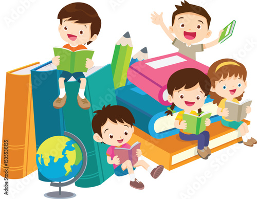 Joyful Reading: Cheerful children, immersed in the world of books, find themselves sitting atop a colorful stack of educational materials. Exploring the simple, charming joys of knowledge, literacy.