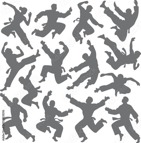 Grey Silhouettes of Martial Artists in Dynamic Poses Action Shots Karate Taekwondo Judo Uniform Belt White Background