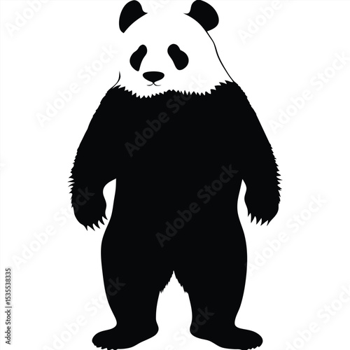 A simple black and white illustration of a giant panda standing on white background