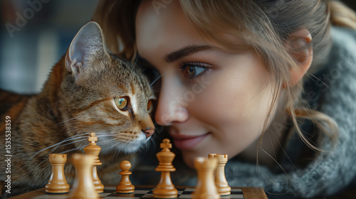 A girl plays chess with a cat