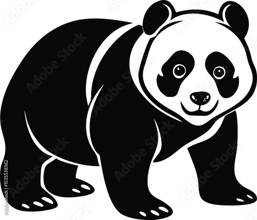 A smiling black and white illustration of a friendly giant panda walking forwards