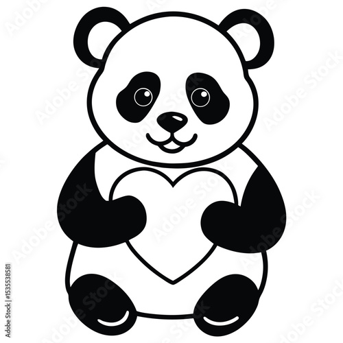 Adorable black and white panda bear cartoon holding a heart symbol of love