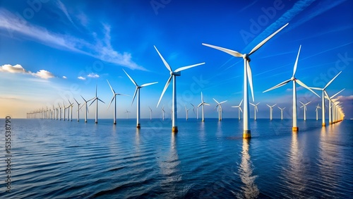 Offshore wind turbines generate clean energy against a blue sky.