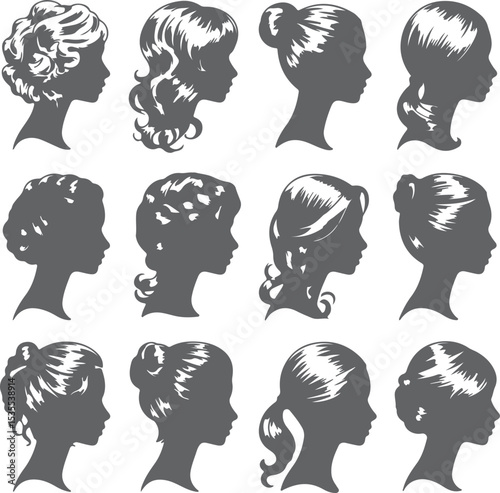 Twelve Gray Female Silhouette Portraits Profile Views Various Hairstyles Bun Ponytail Updo Side Part