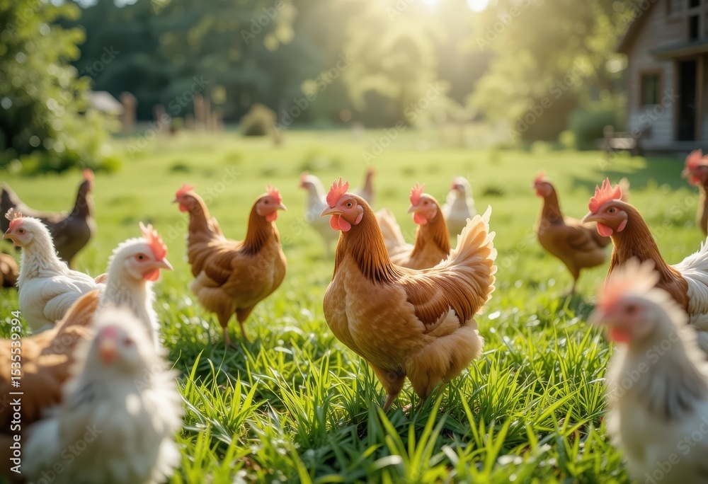 Fototapeta premium Chickens walk in the grass in the morning