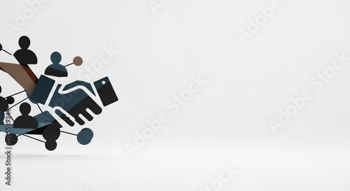 Handshake icon with connected people silhouettes on white background.
