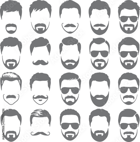 Twenty gray scale male face silhouette icons various hairstyles beards mustaches sunglasses barbershop hair salon men fashion style design elements