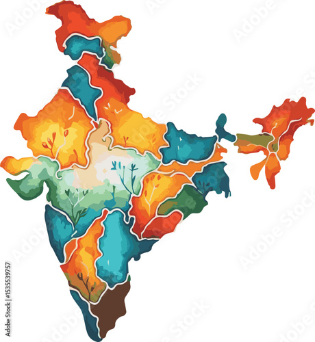 Vector watercolor painted illustration of map of India