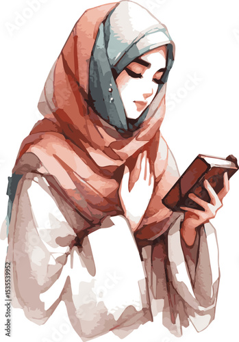 A watercolor vector illustration of an elegant beautiful muslim woman in hijab