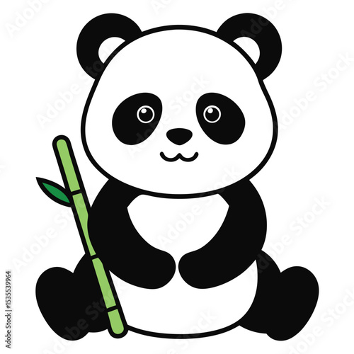 Adorable cartoon panda bear sitting and holding bamboo stem in a simple illustration