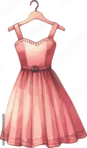 Vector watercolor painted illustration of a red dress on hanger