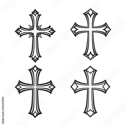 A collection of four decorative christian crosses featuring intricate silhouette design elements for religious and spiritual illustrations.
