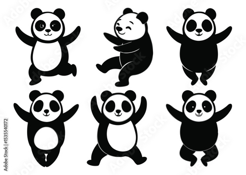 Adorable cartoon panda bears in different poses showing joy and playfulness in a simple design