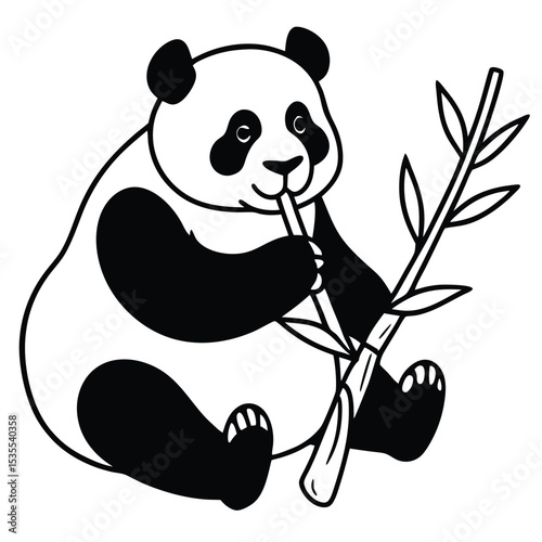 Adorable cartoon panda sitting and eating bamboo branch illustration on a white background