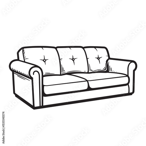 A detailed hand drawn silhouette style illustration of a comfortable two seat sofa perfect for home interior design decor