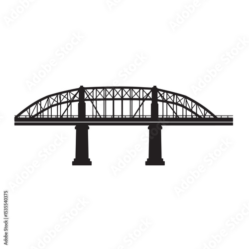 A detailed black silhouette illustration showcasing a vintage steel arch bridge elevated over a river or waterway providing transportation access.