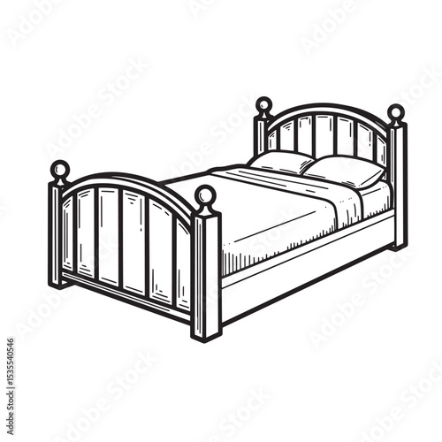 A hand-drawn black and white silhouette illustration of a cozy bed featuring pillows and bedding ready for a peaceful night.