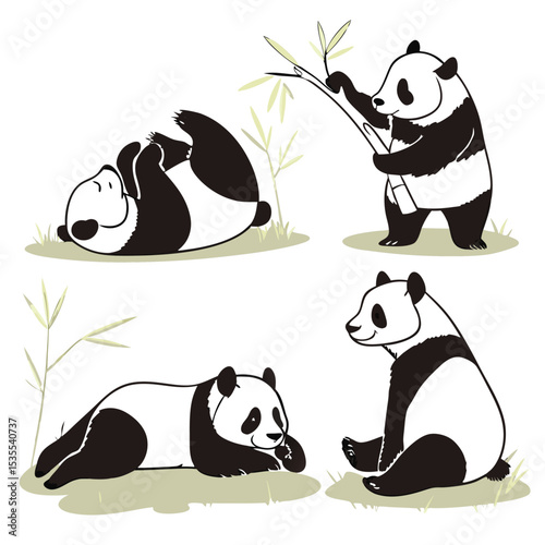 Adorable hand drawn pandas in various poses with bamboo elements on a white background