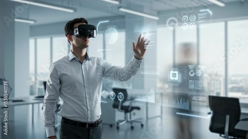 Wallpaper Mural Man wearing VR headset interacting with virtual interface. Businessman using immersive technology for data analysis concept footage. Torontodigital.ca