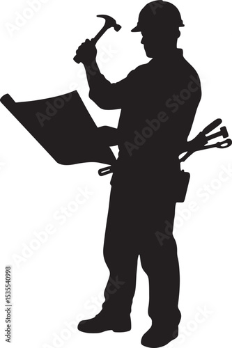  Construction Worker with Hammer and Blueprints | Builder & Contractor Vector Silhouette