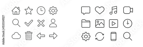 Collection of simple line icons representing various digital interface functions in a minimalistic design