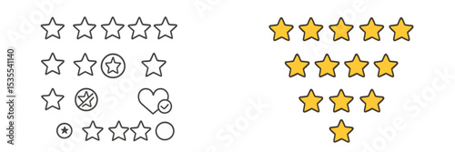 Design collection of outlined and filled star symbols on a clean background for creative projects, displaying ratings and feedback options