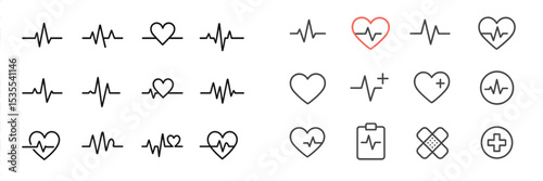 Various health and medical heart rate icons displayed in a grid layout for design use or illustrative purposes