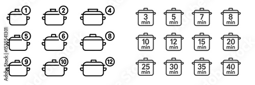 Cooking time instructions displayed with various pot icons representing boiling durations in minutes