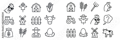 Farm-themed icons representing various activities and elements of rural life in a simple, minimalist style