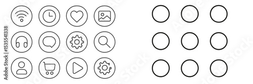 Round icon designs featuring common symbols for technology and social media usage in a minimalist style
