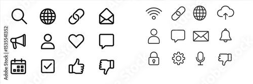 Collection of simple line icons representing various online activities and tools in a modern digital design