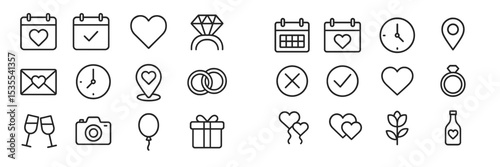 Collection of wedding and romantic icons featuring hearts, rings, calendar, and celebration symbols for digital design