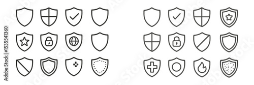 Various shield icons representing security, protection, and reliability in a simple design format