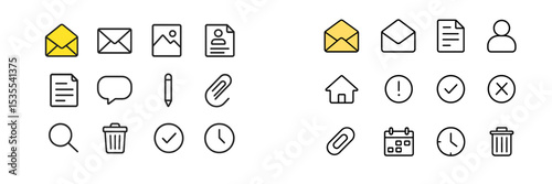 Modern icons collection featuring various symbols of communication, organization, and tasks in a simple black and yellow design