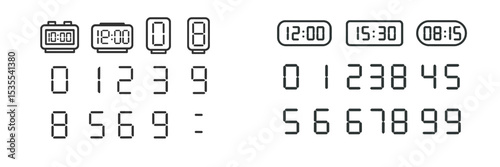 Digital clock display featuring various time formats and numerical sequences on a white background