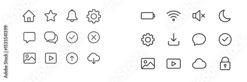 Collection of minimalist icons representing various applications and functions in modern digital interfaces