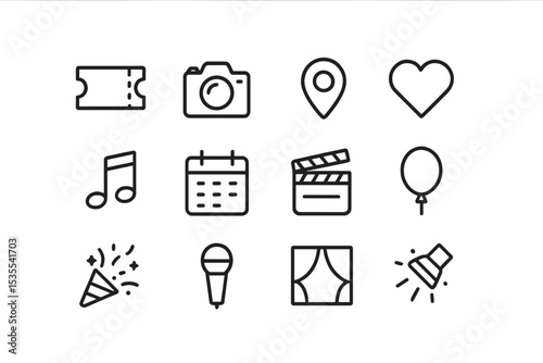 Graphic illustration of various icons representing entertainment, events, and celebrations in a simple design style