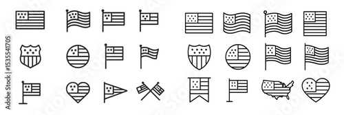 Collection of simple line-art designs featuring American flags in various shapes and styles