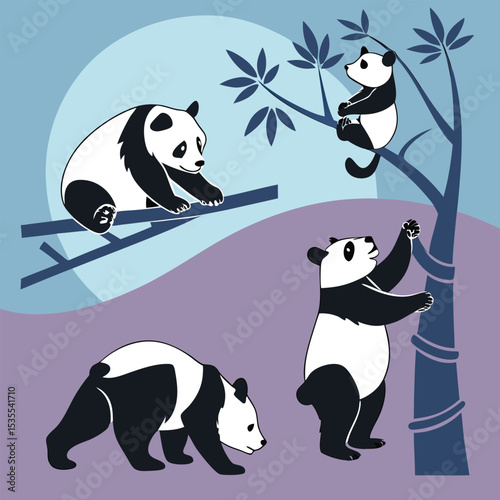 Adorable panda bear family enjoying a beautiful day amongst bamboo trees and nature